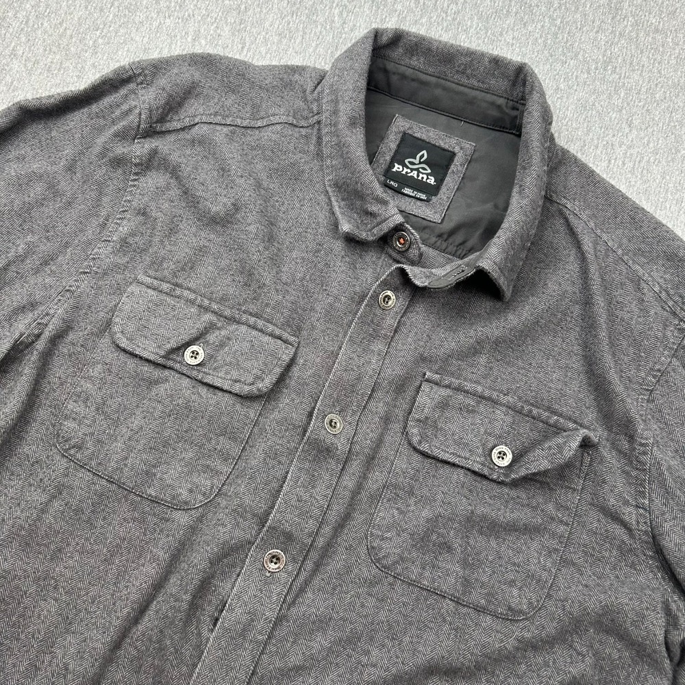 Prana Button Up Long Sleeve Shirt Mens Large Gray Herringbone Pockets Outdoor